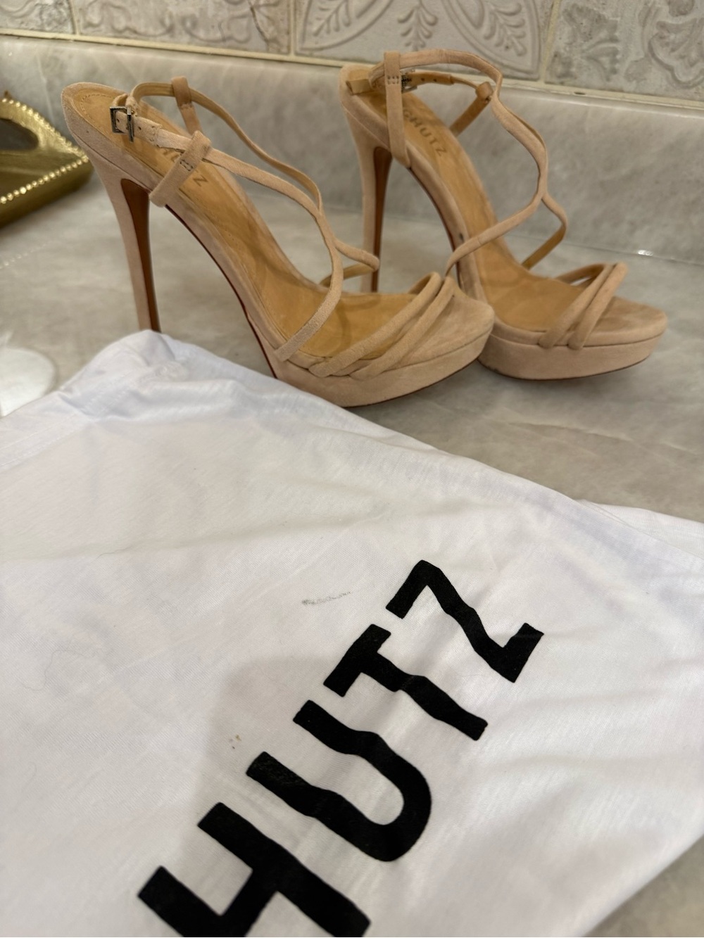 SCHUTZ Nude/Tan Strappy Suede Platform Stiletto Sandals with Dust Bag - Picture 15 of 15